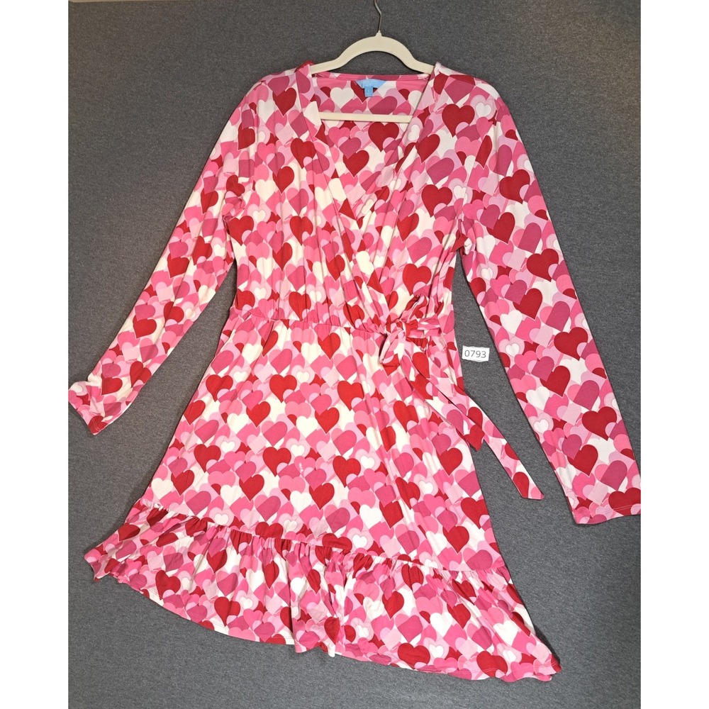 Draper James RSVP Pink Red Heart Print Faux Wrap Ruffle Dress Large KD7331PRJ